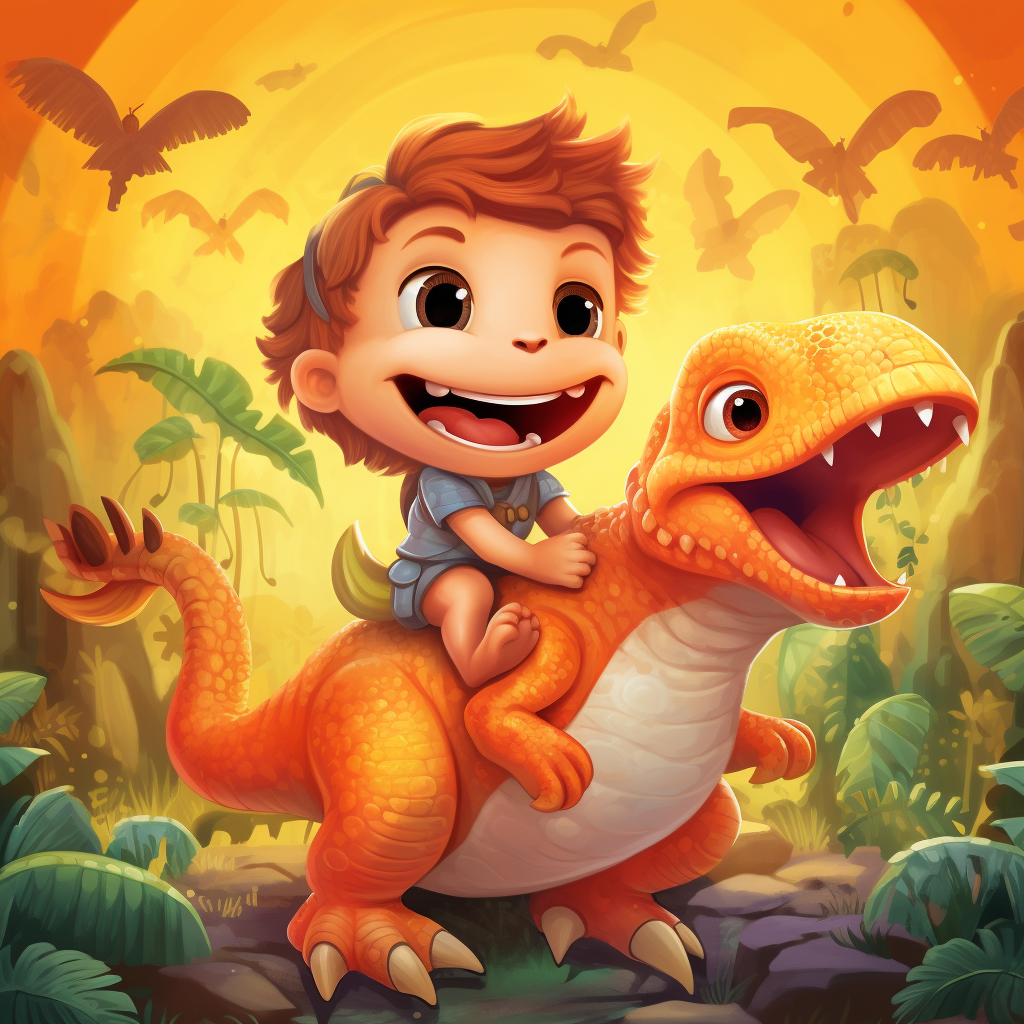 Colorful children's storybook art with cute monkey and dinosaur