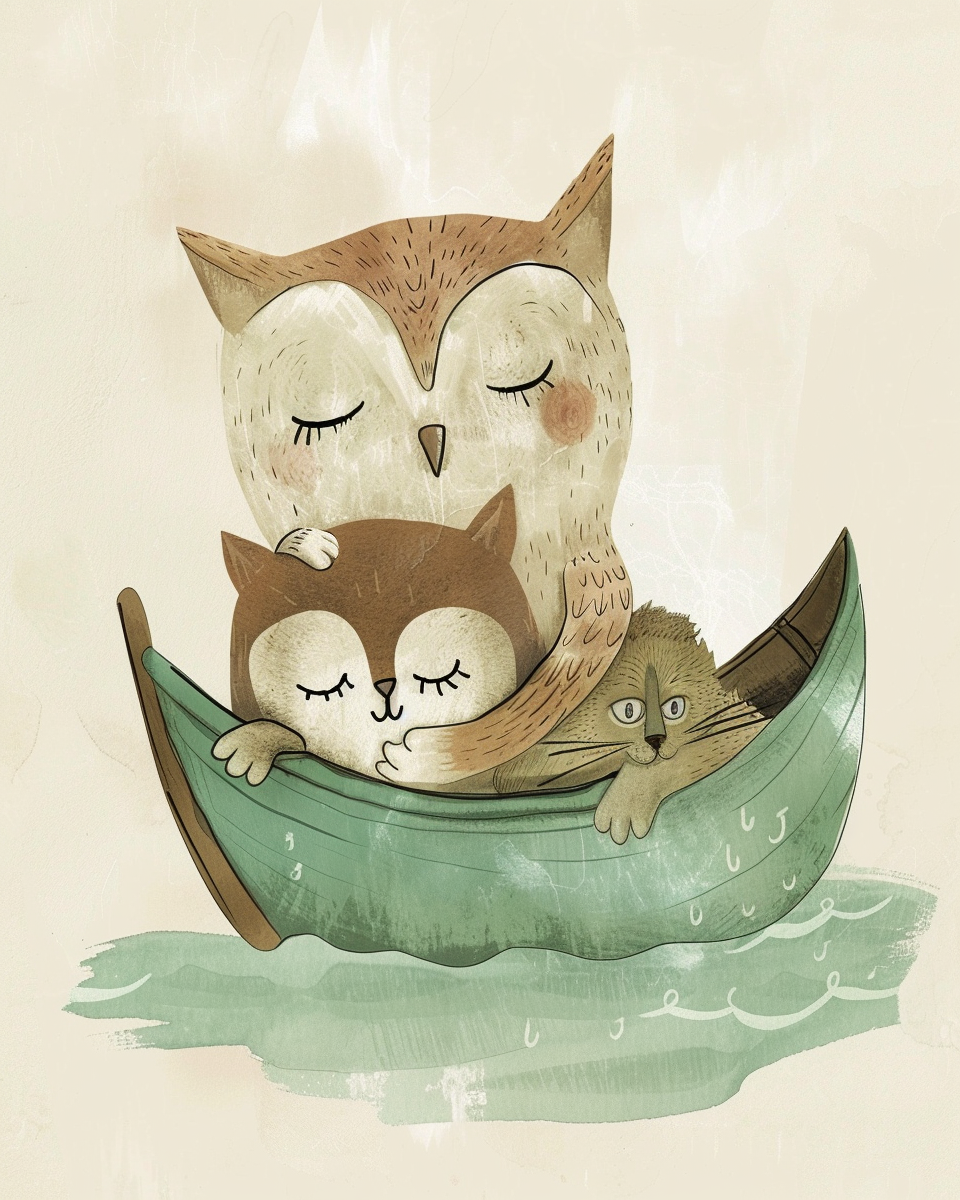 Cute Owl and Cat Hugging