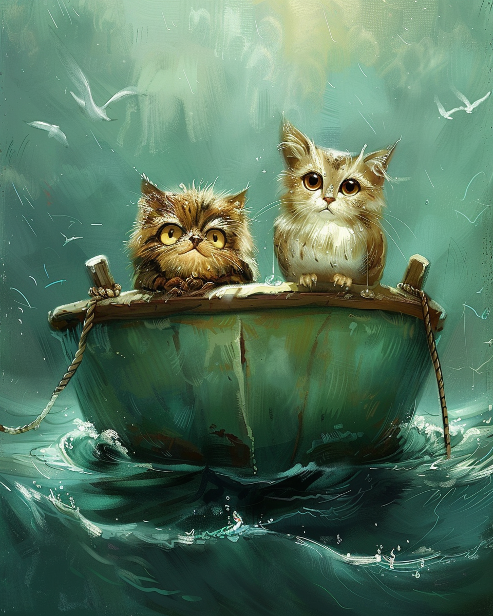 Cute Owl and Cat at Sea