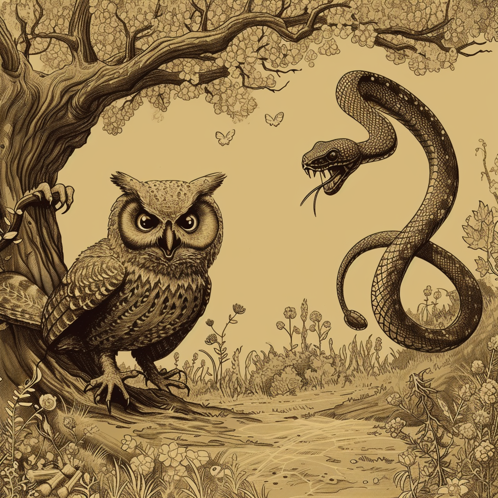 Cute owl being chased by snake