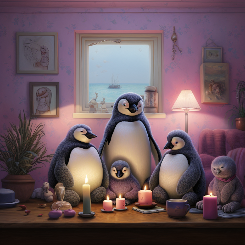 Penguins family in cozy living room