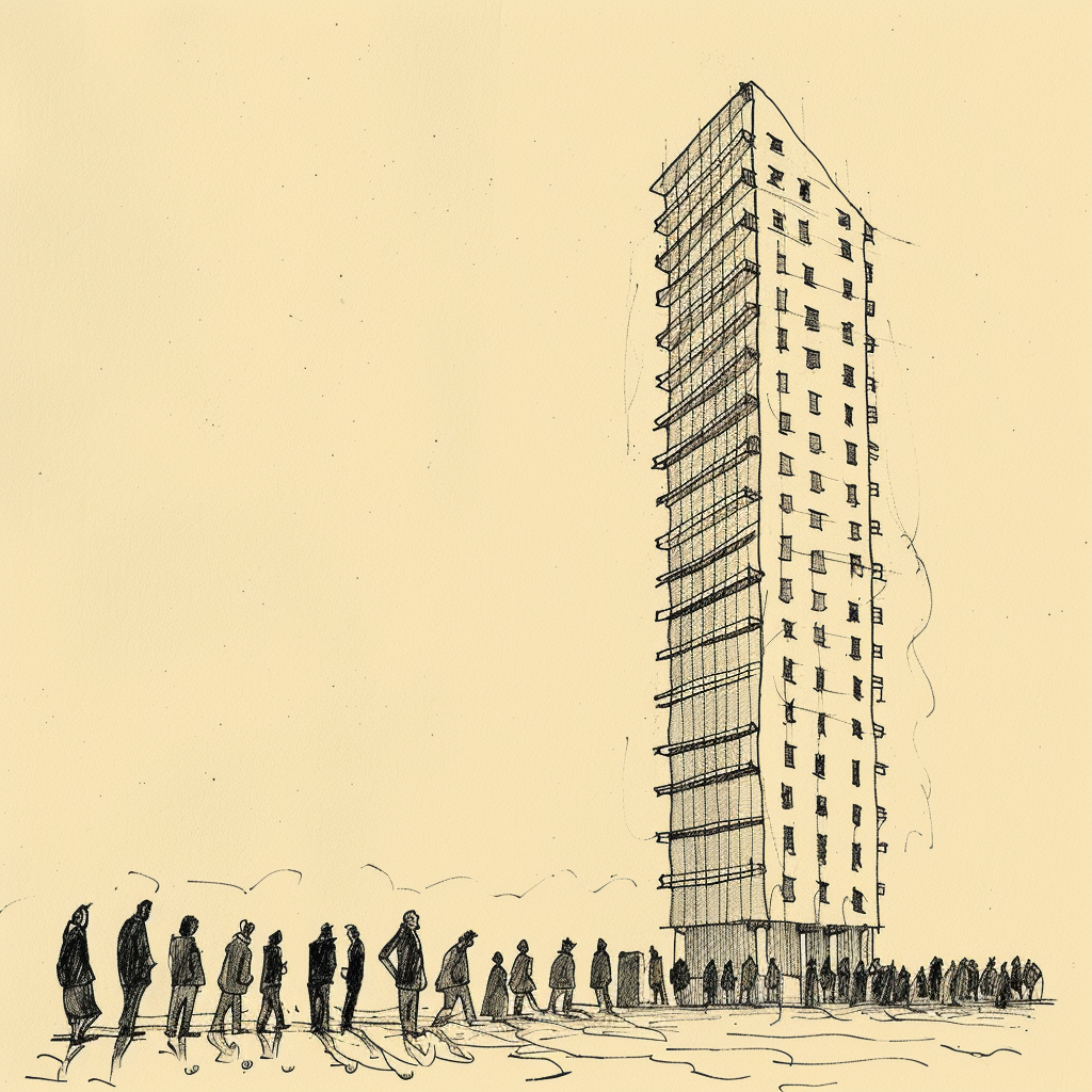 Hand-drawn illustration people tall building