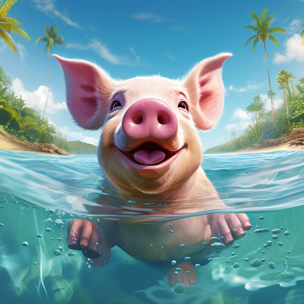 Cute Pig Swimming on Beach