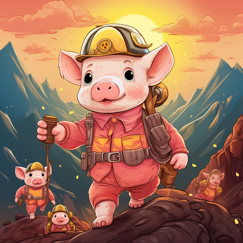 Cute piggies climbing mountain, with firefighter gear