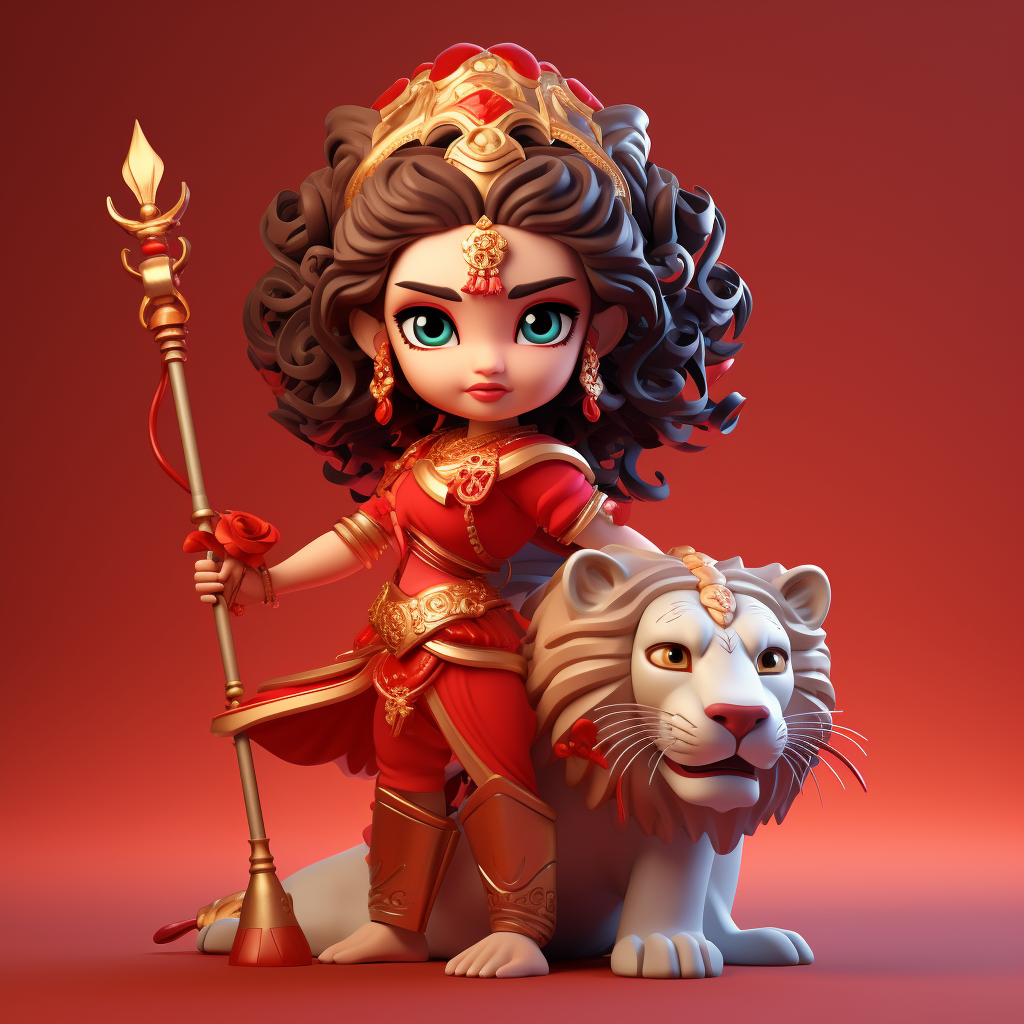 Pixar Style Lord Durga Red Saree Lion