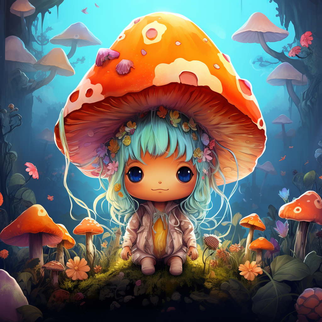 Cute playful mushroom humanoid manga illustration