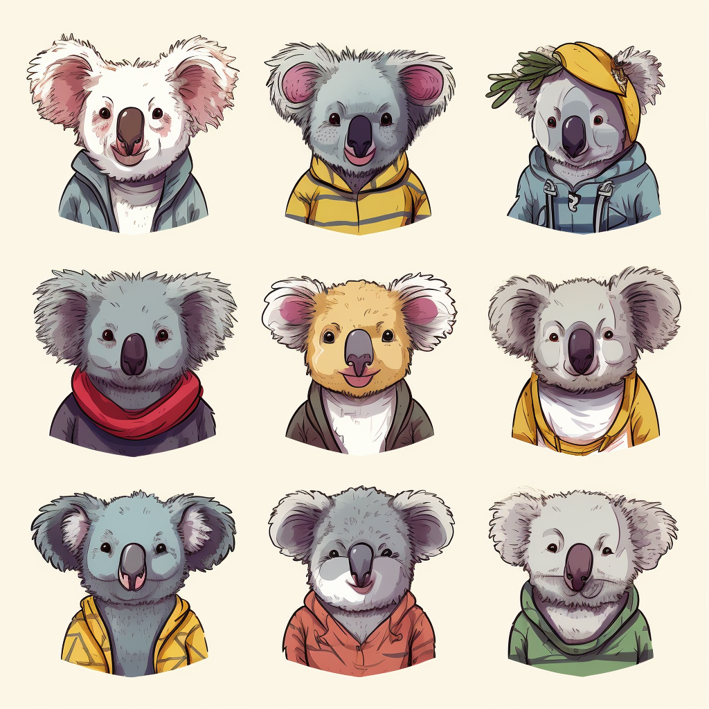 Colorful punk-style koalas on white background