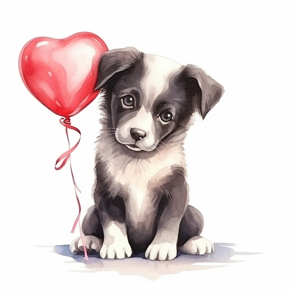 A sweet black Labrador holds a heart balloon