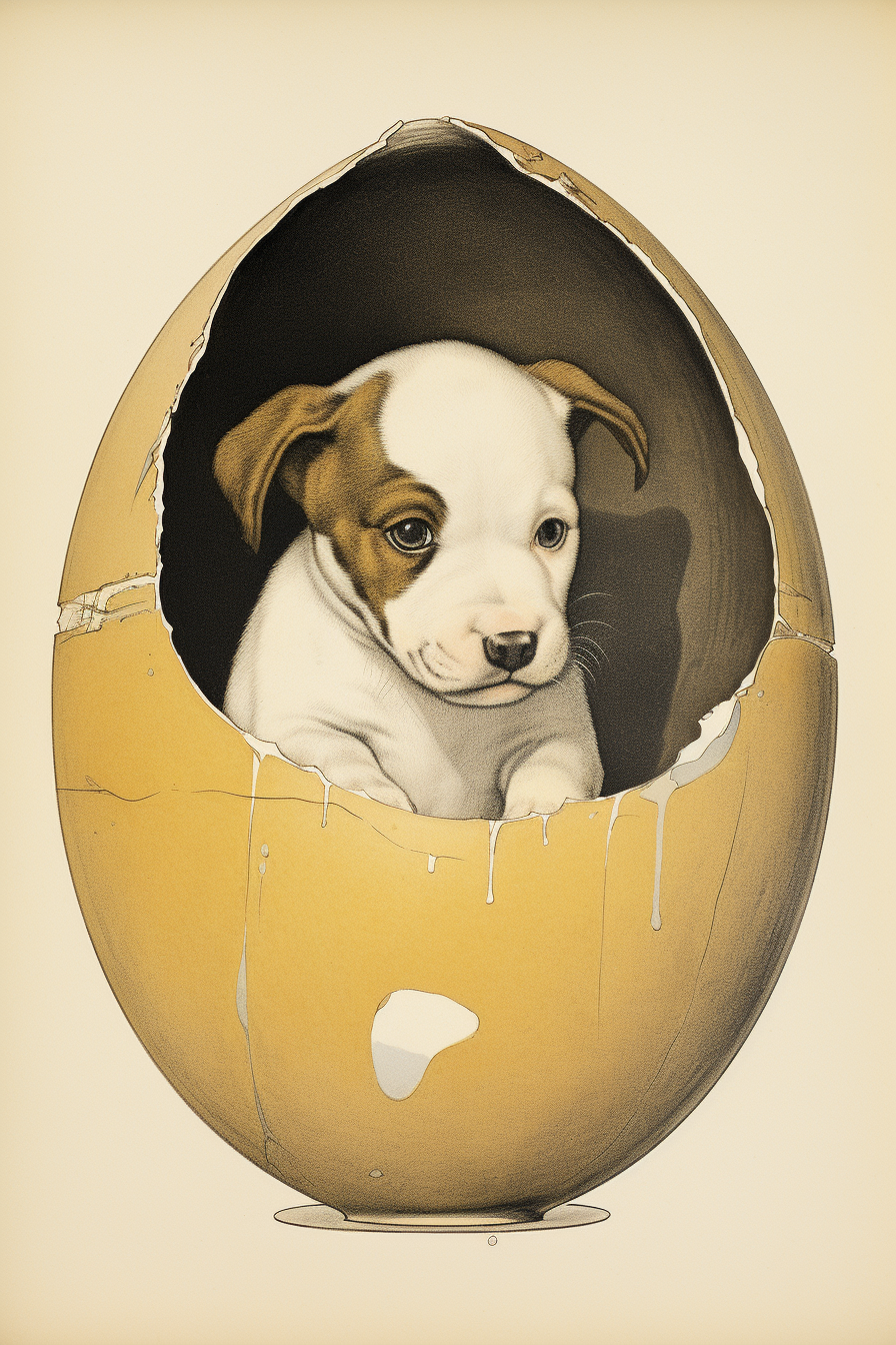 Cute puppy breaking free from egg