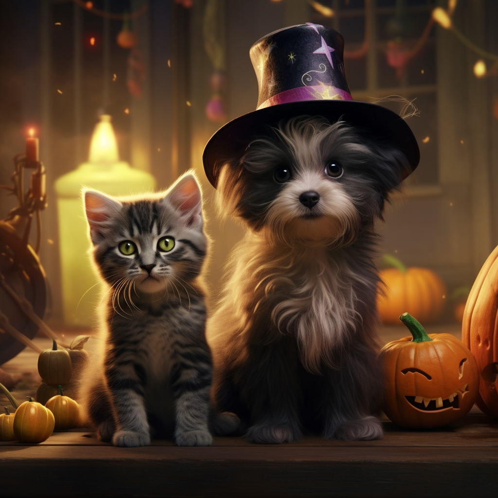 Adorable puppy and kitten in witchy decorations