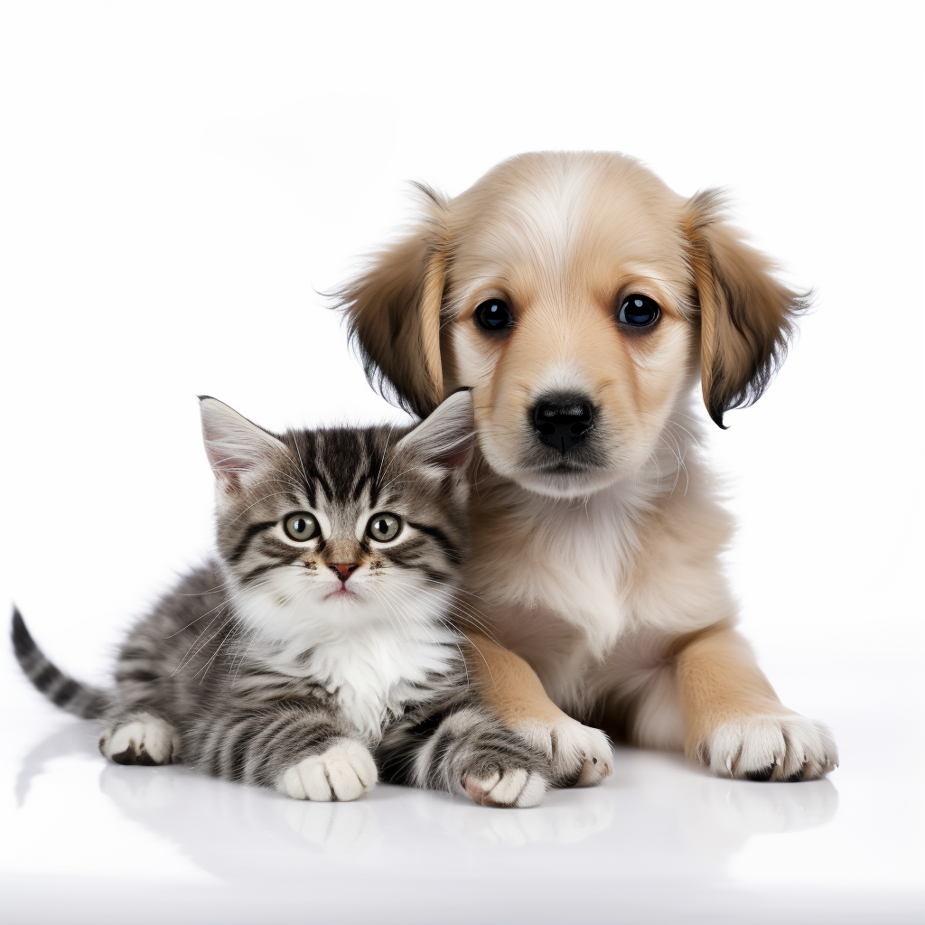 Lovely puppy and kitten playing together