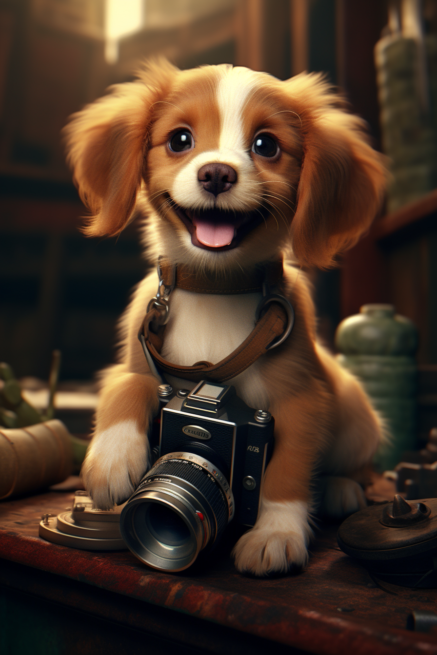 Cute puppy photographer in Pixar style