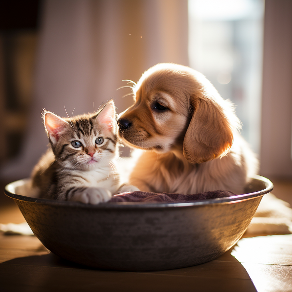 Cute puppy and kitty playing together