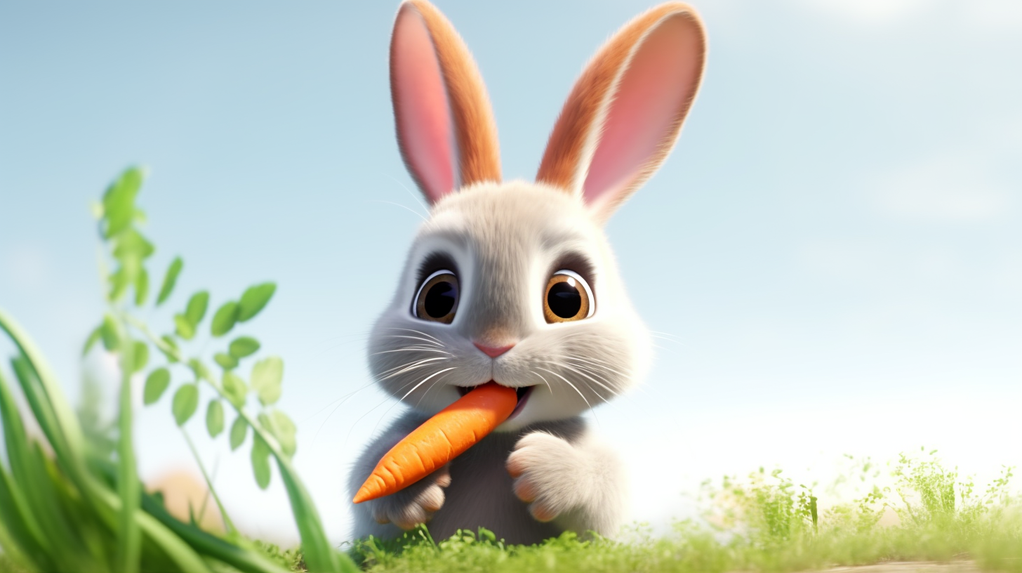 Cute rabbit enjoying long carrot