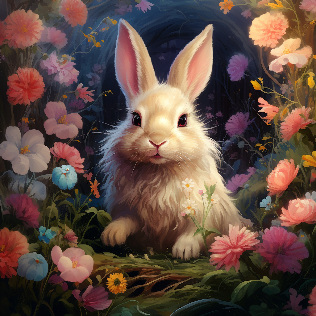 Cute rabbit in forest with flowers