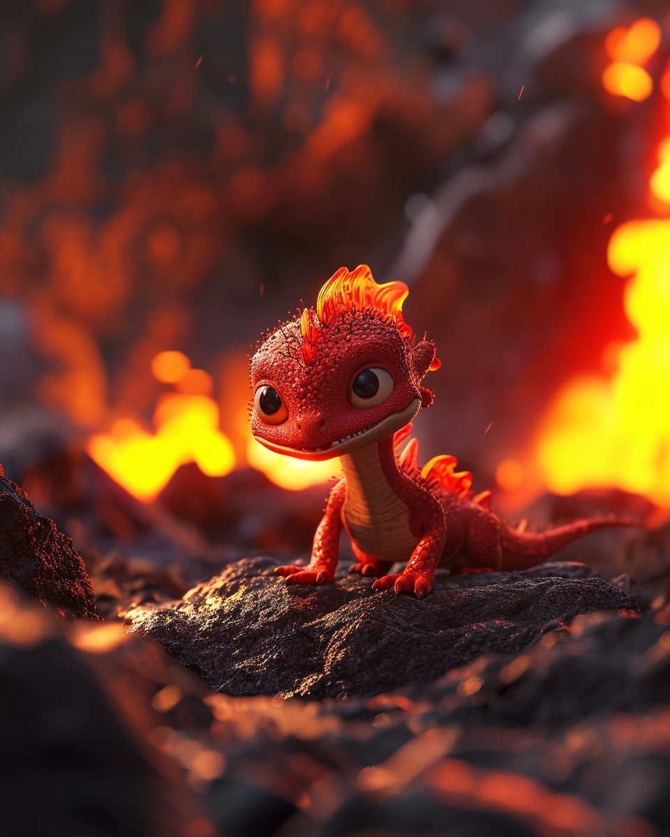 Cute red baby dragon with flame on molten rocks