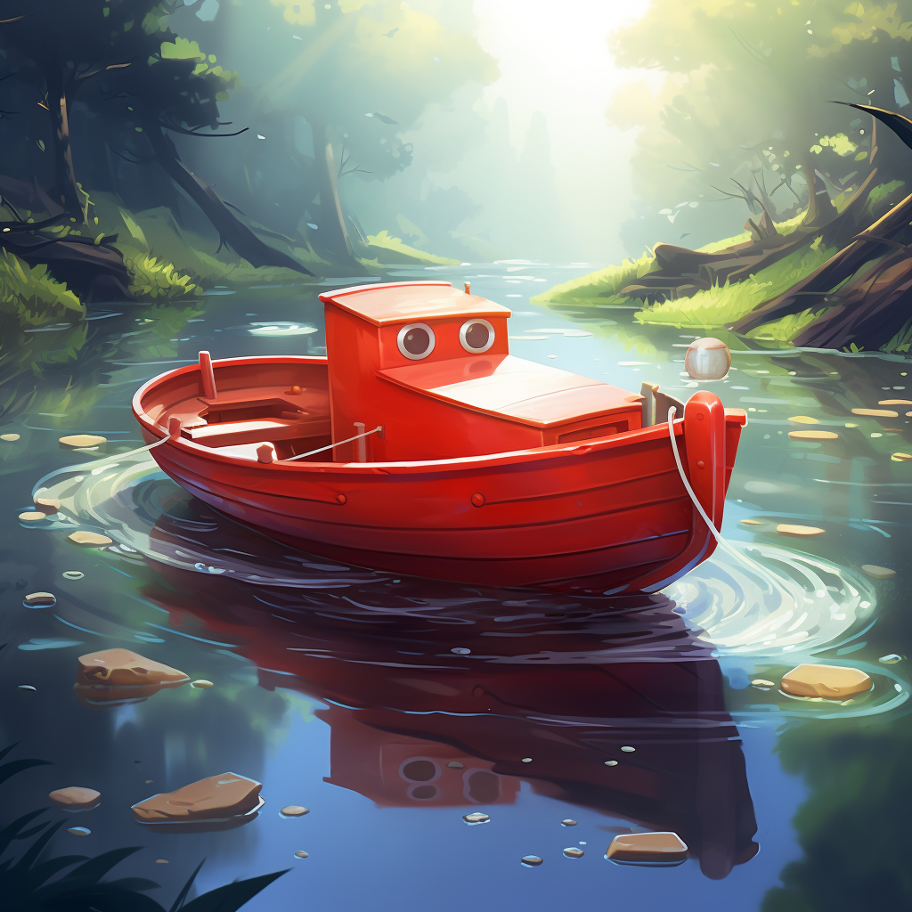 A cute red boat gracefully floating on a river