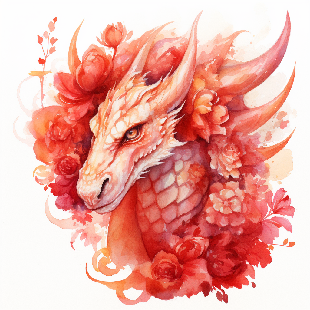 Cute red dragon surrounded by watercolor flowers