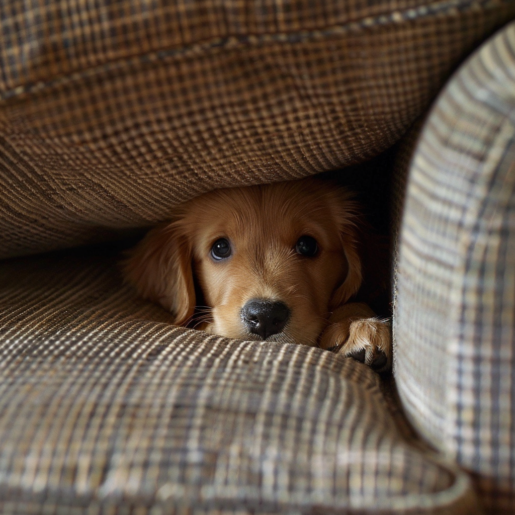 Adorable Golden Retriever Puppy Under Sofa