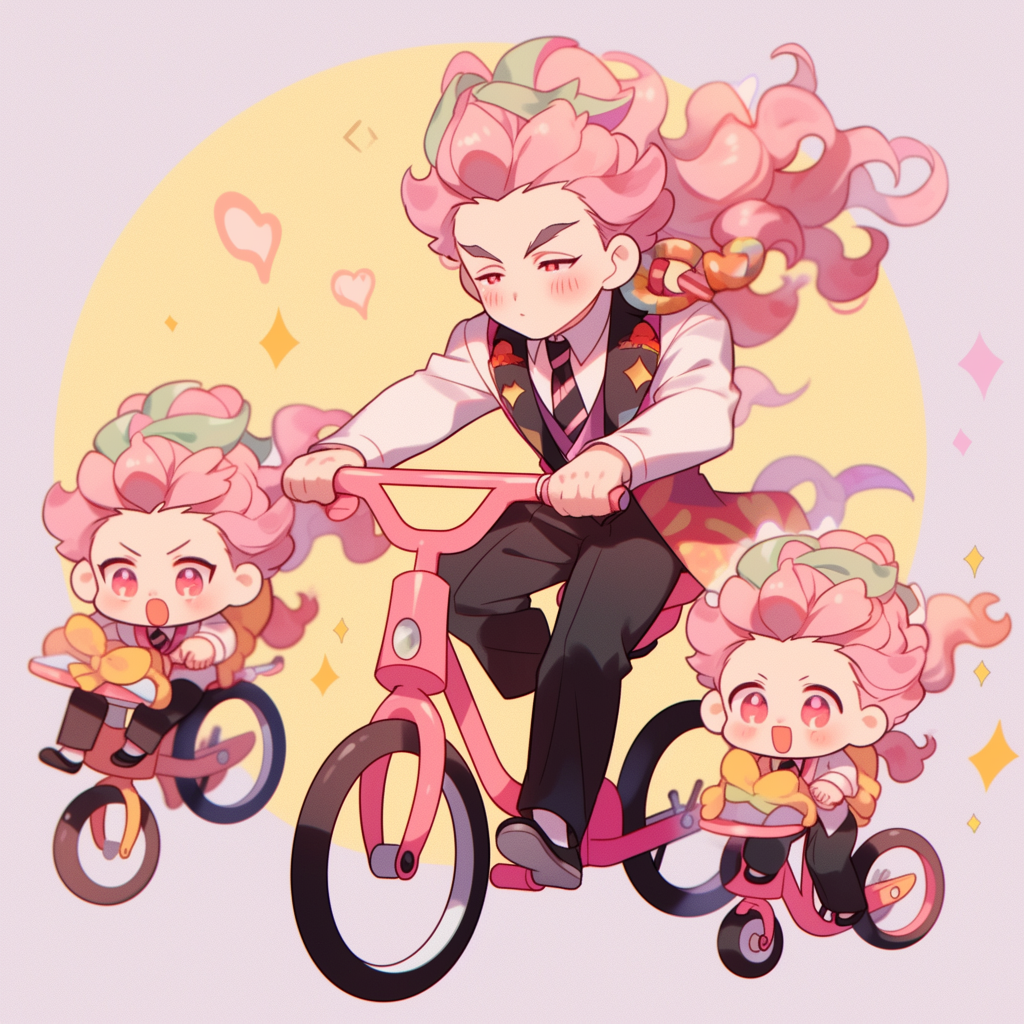 Cute rich father riding a bicycle chibi anime style