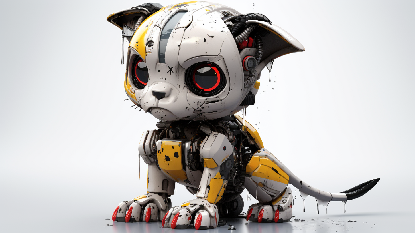 Photorealistic cute robot kitten with black, white, and yellow accents