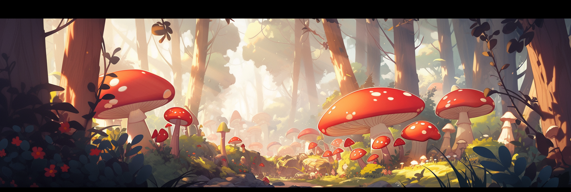 Lush landscape with red mushrooms