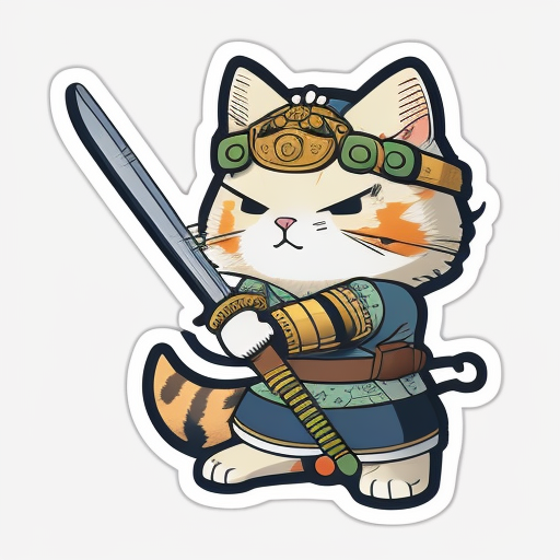 Cute samurai cat sticker with nunchaku