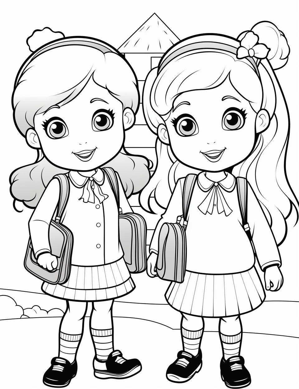 Two cute schoolgirls coloring cartoon