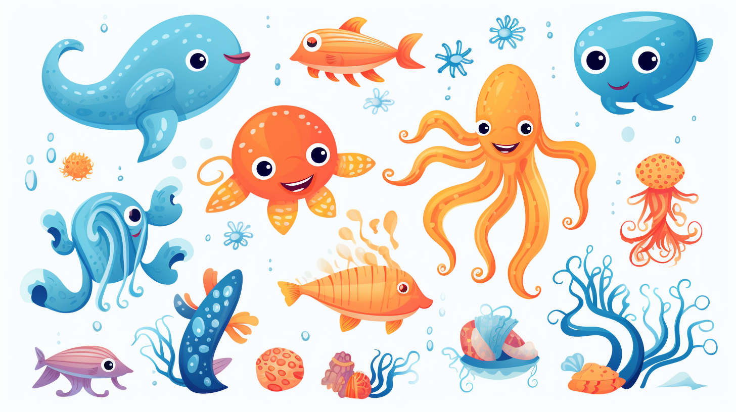 Cute sea animals in a sweet and comic style