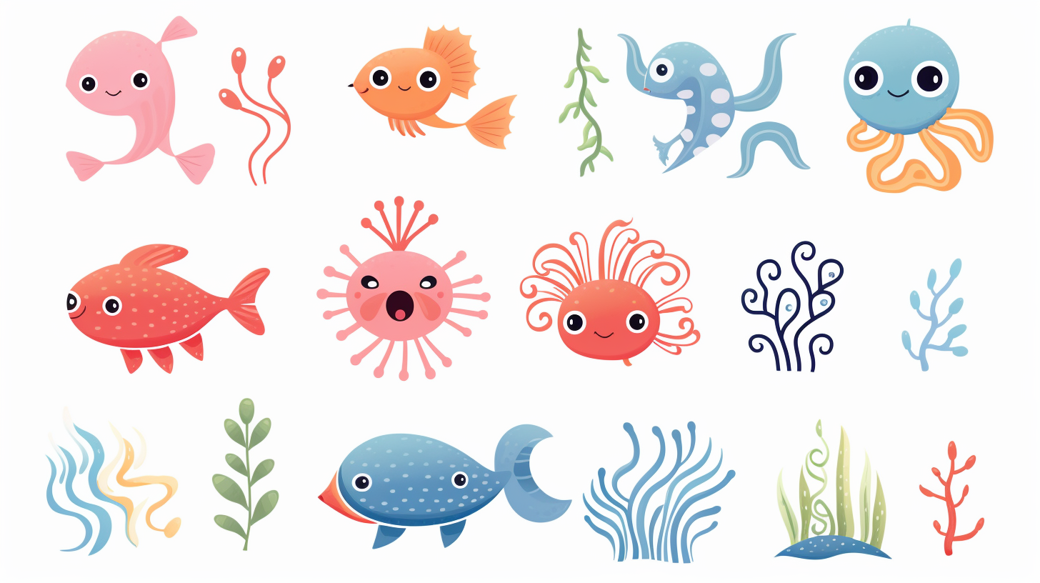 Cute sea animals on white background