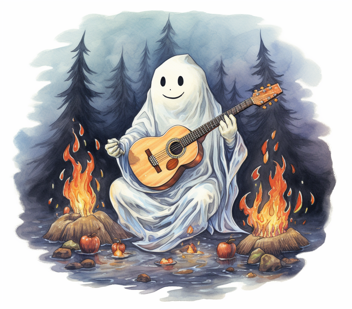 Cute sheet ghost playing guitar at a campfire