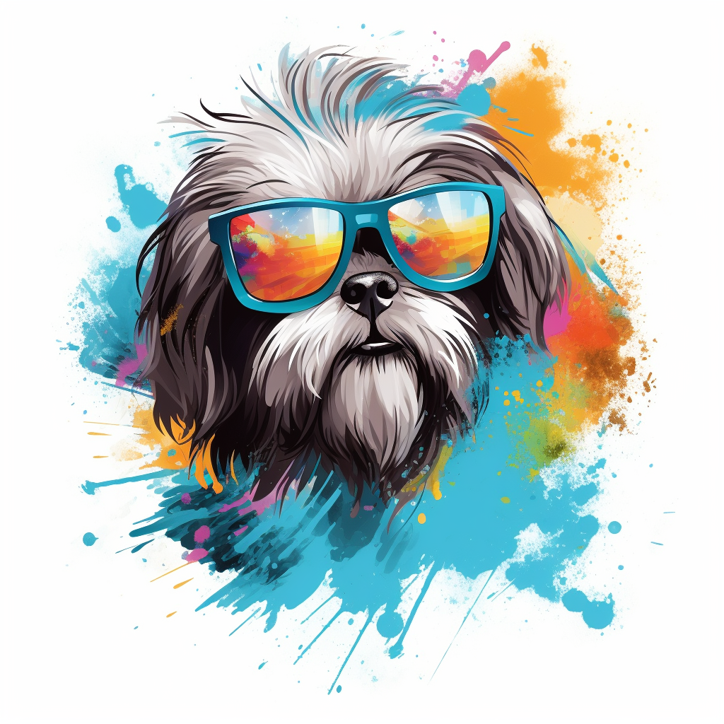 Cute Shih Tzu wearing sunglasses in colorful T-shirt design