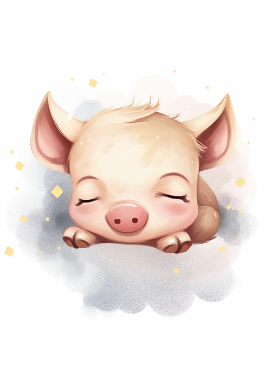 Sleeping baby pig watercolor kawaii style