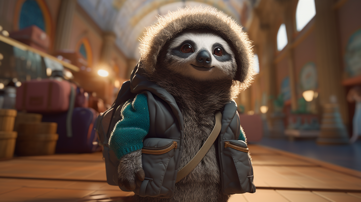 Cute sloth tourist wearing black Patagonia jacket