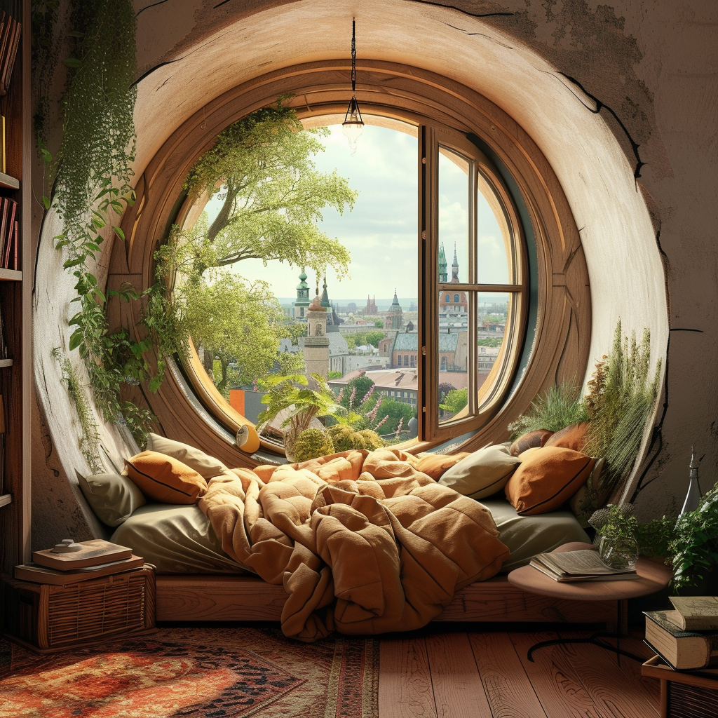 Cute small bedroom with big tall round window