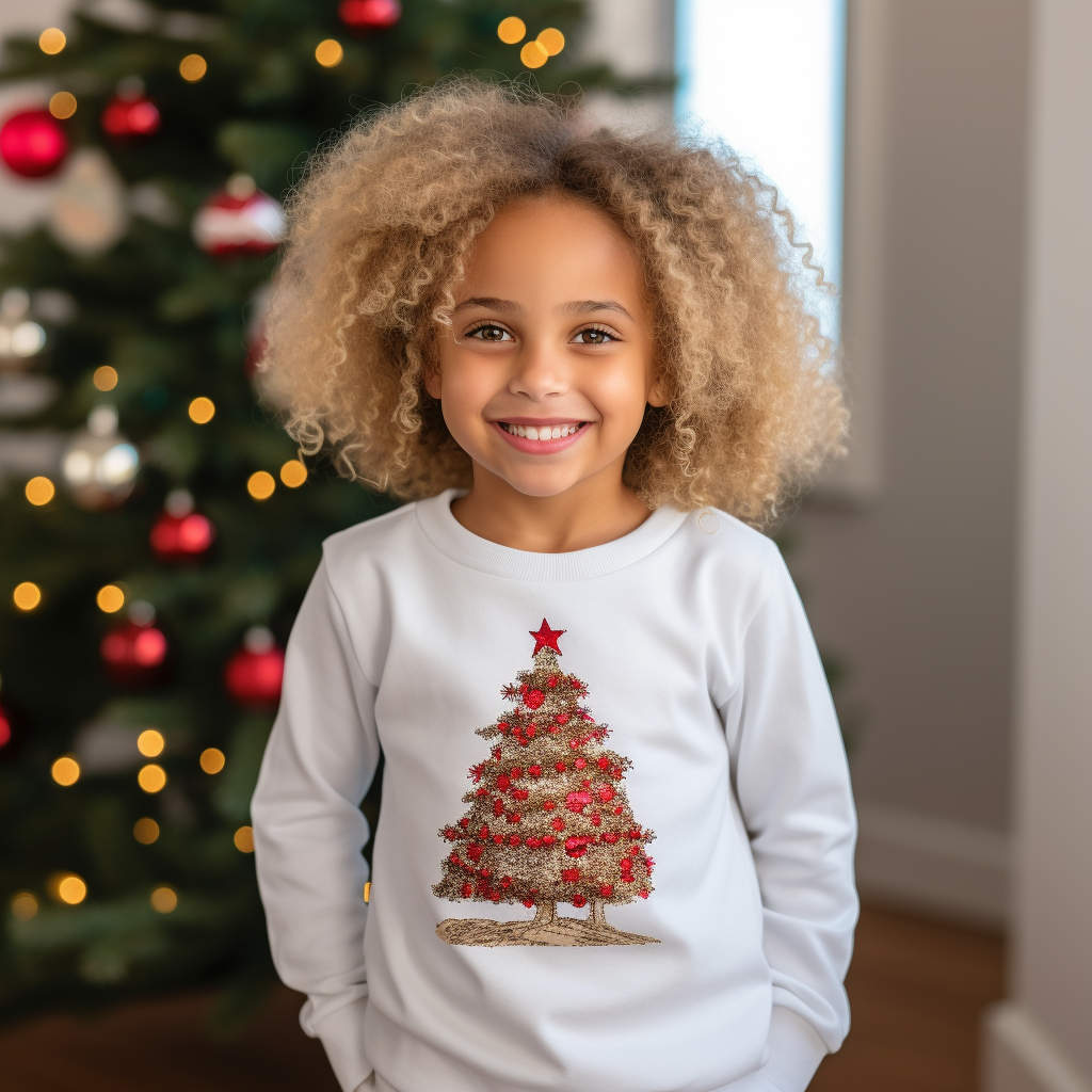 Smiling girl in front of Christmas tree