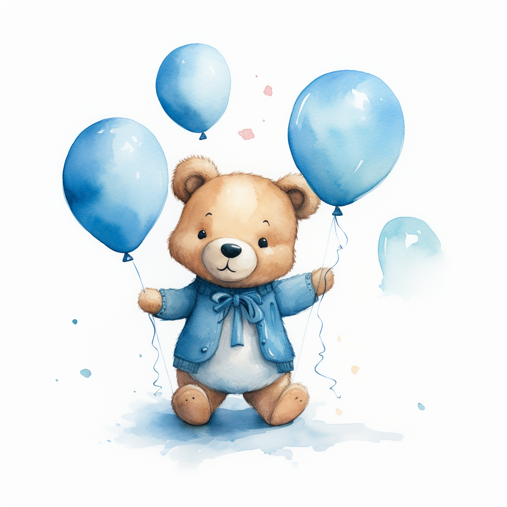 Cute baby bear in denim holding blue balloons