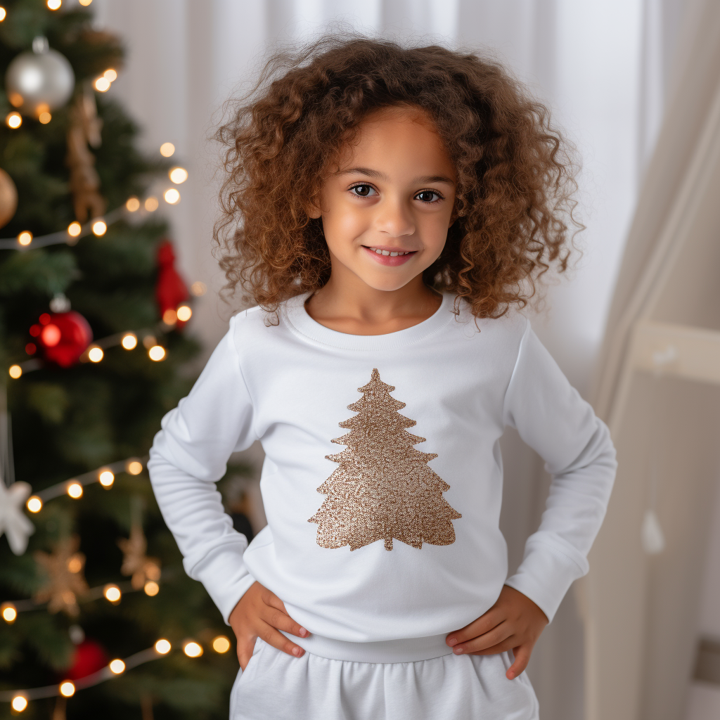 Curly-haired girl in white sweatshirt