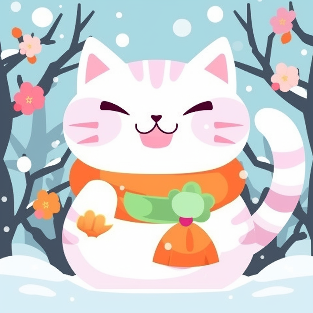 Colorful Vector Illustration of Cute Smiling Snow Manekineko Cat