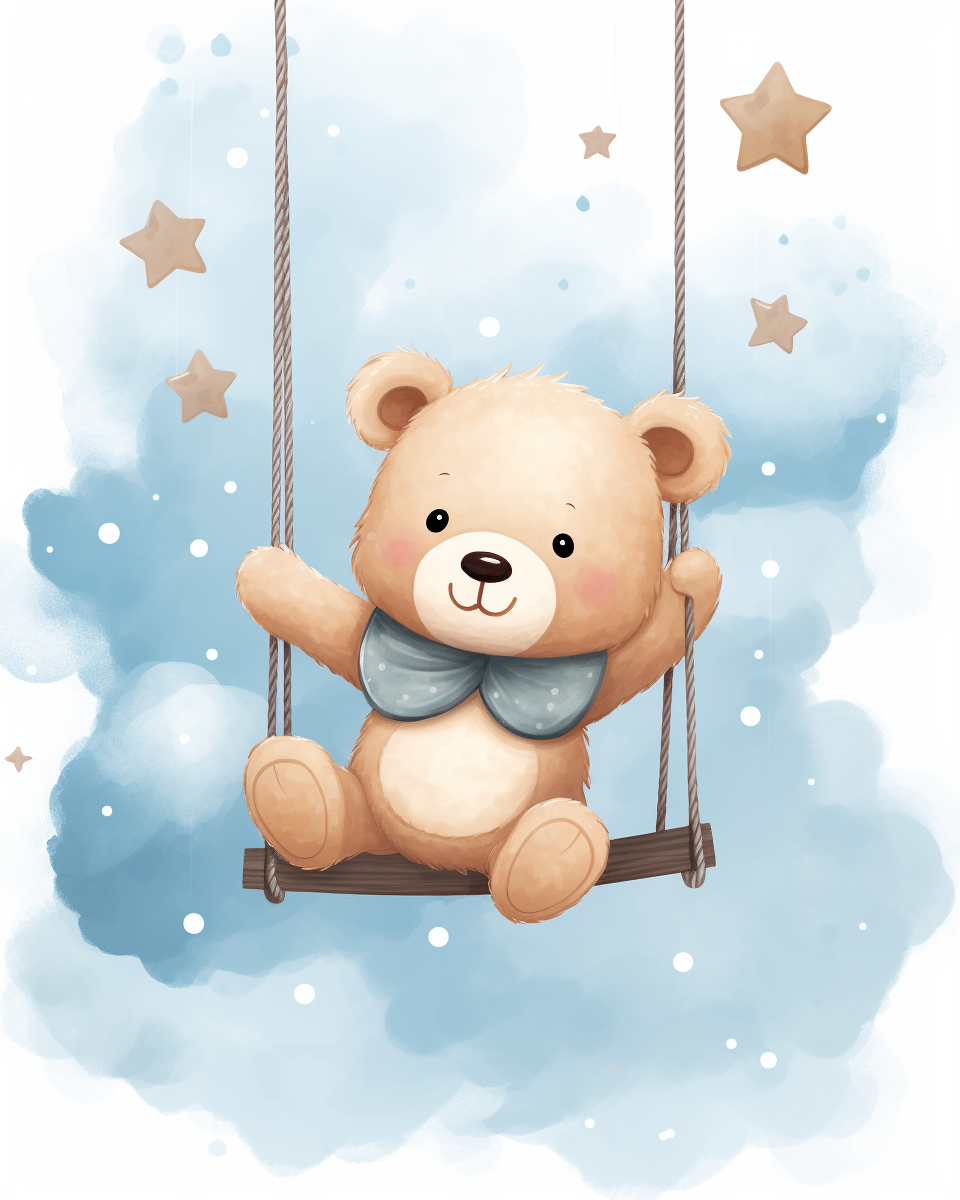 Teddy bear swinging in clouds with stars