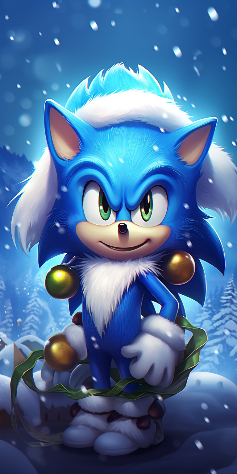 Close-up of cute Sonic character in a snowy Christmas scene