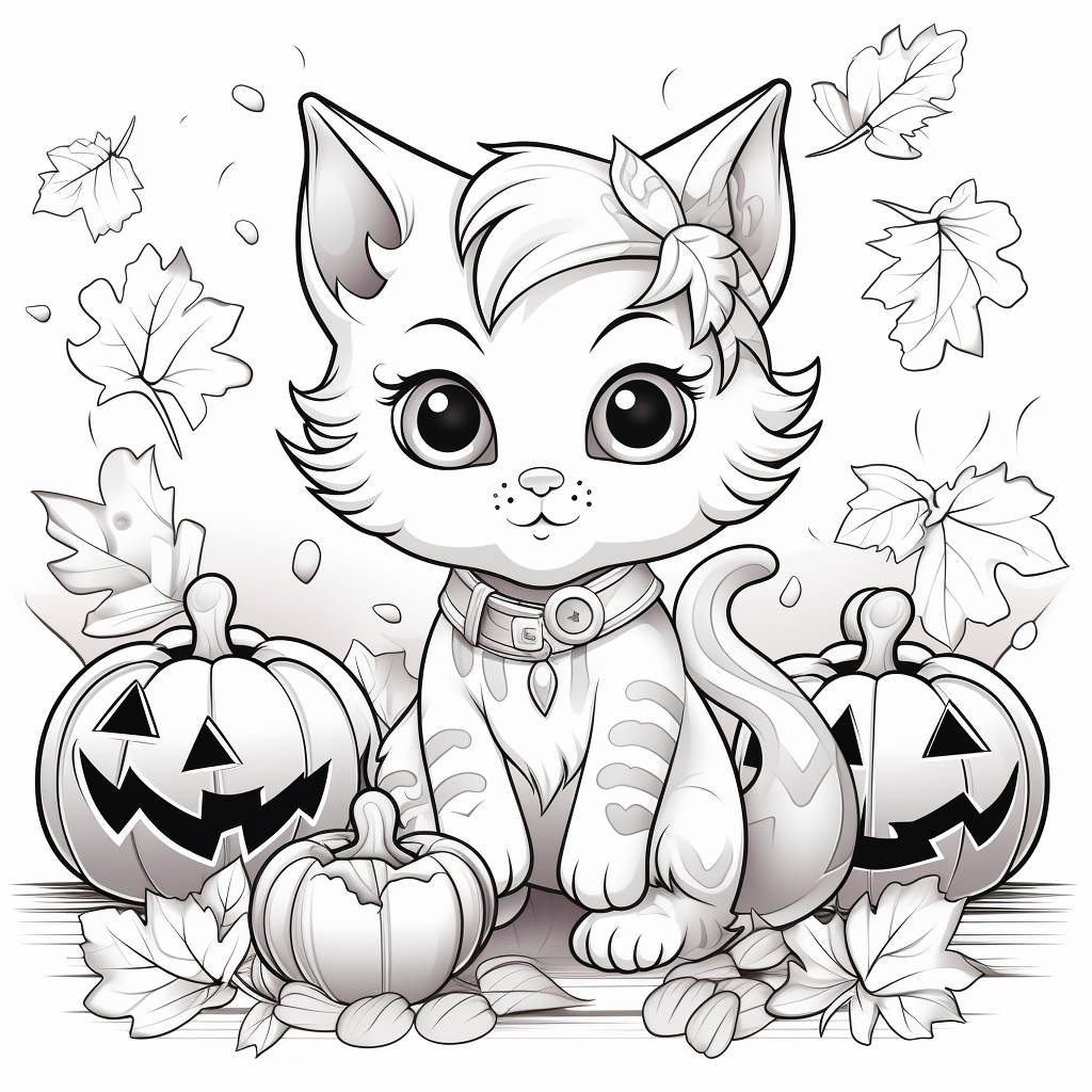 Cute Halloween coloring page with cat and pumpkins