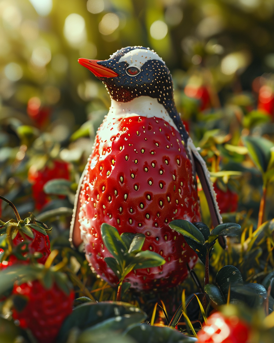 Cute strawberry penguin in strawberry field