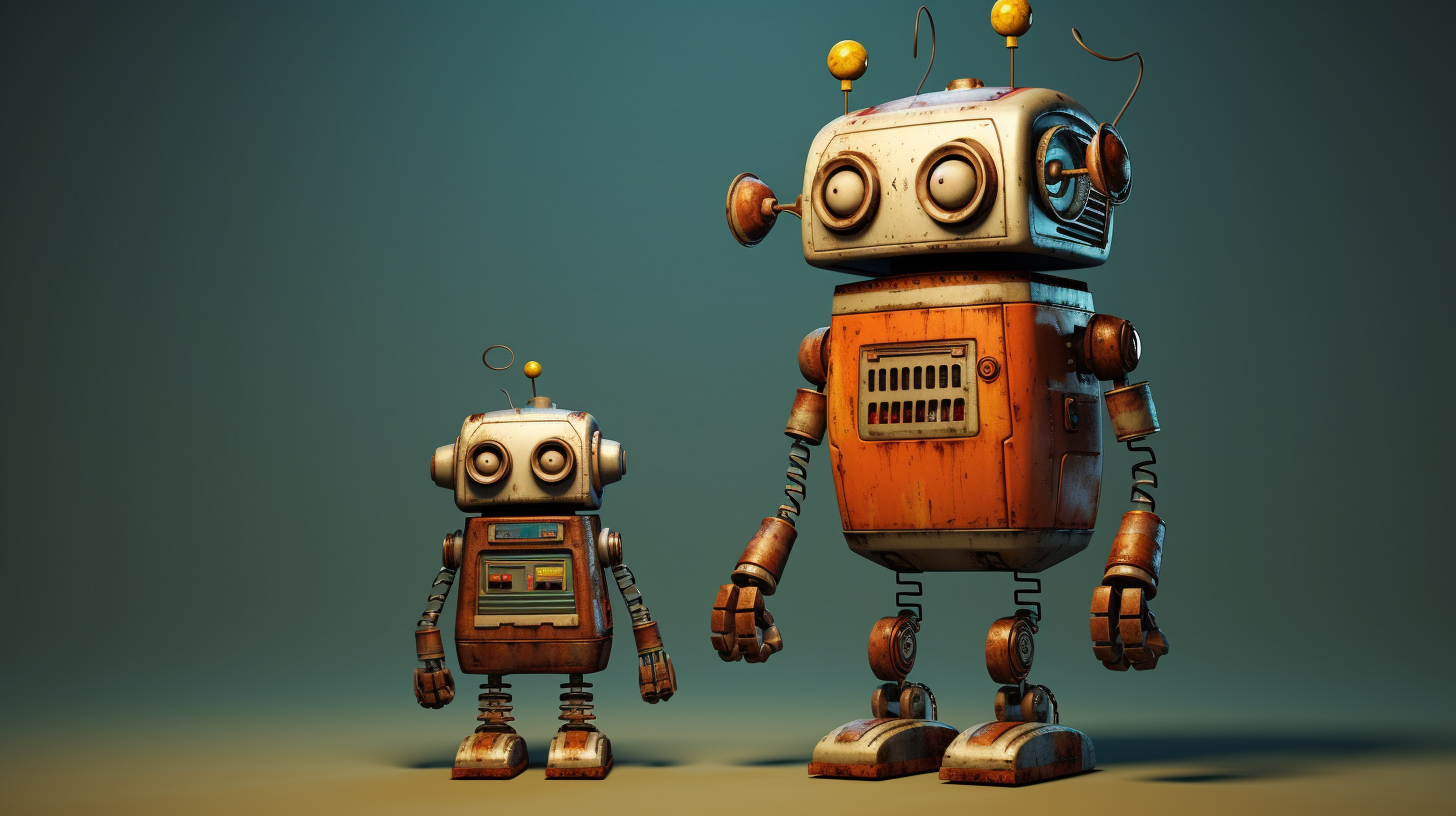 Tall cute robots in realistic photo