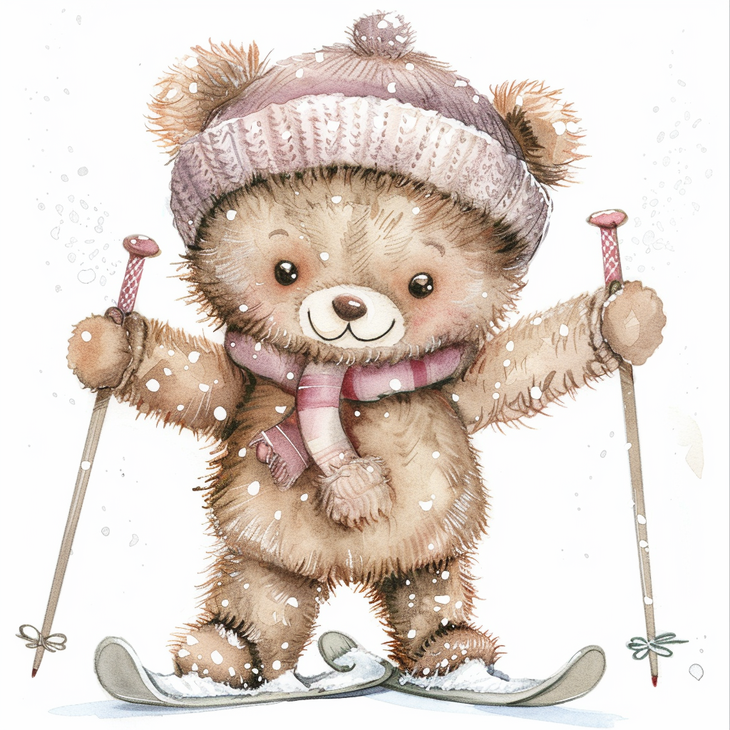 Teddy bear skiing in winter