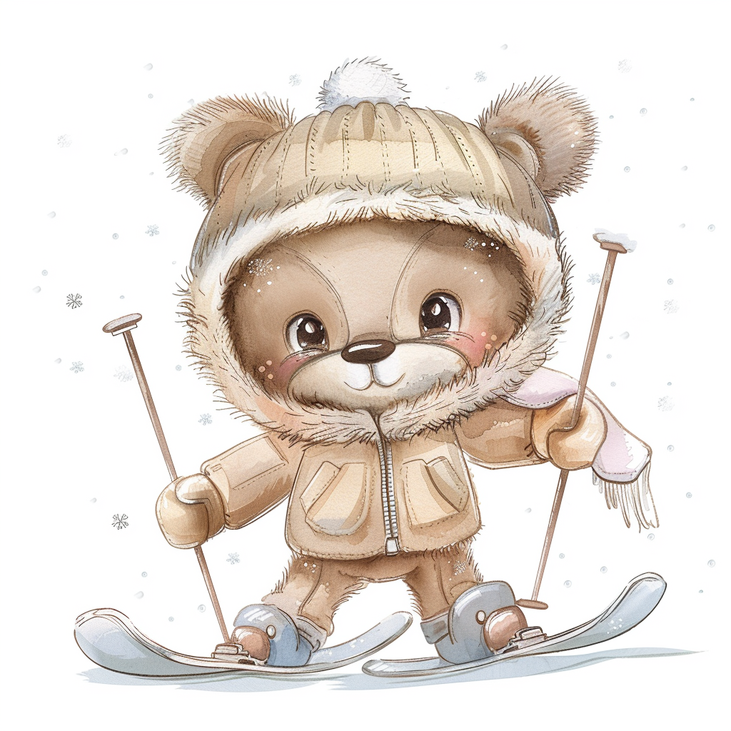 Smiling teddy bear skiing