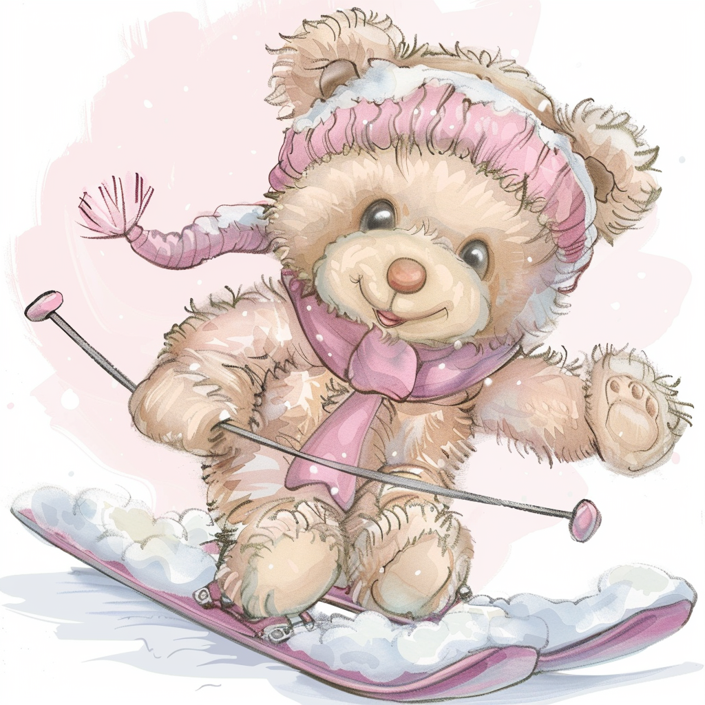 smiling teddy bear skiing clipart