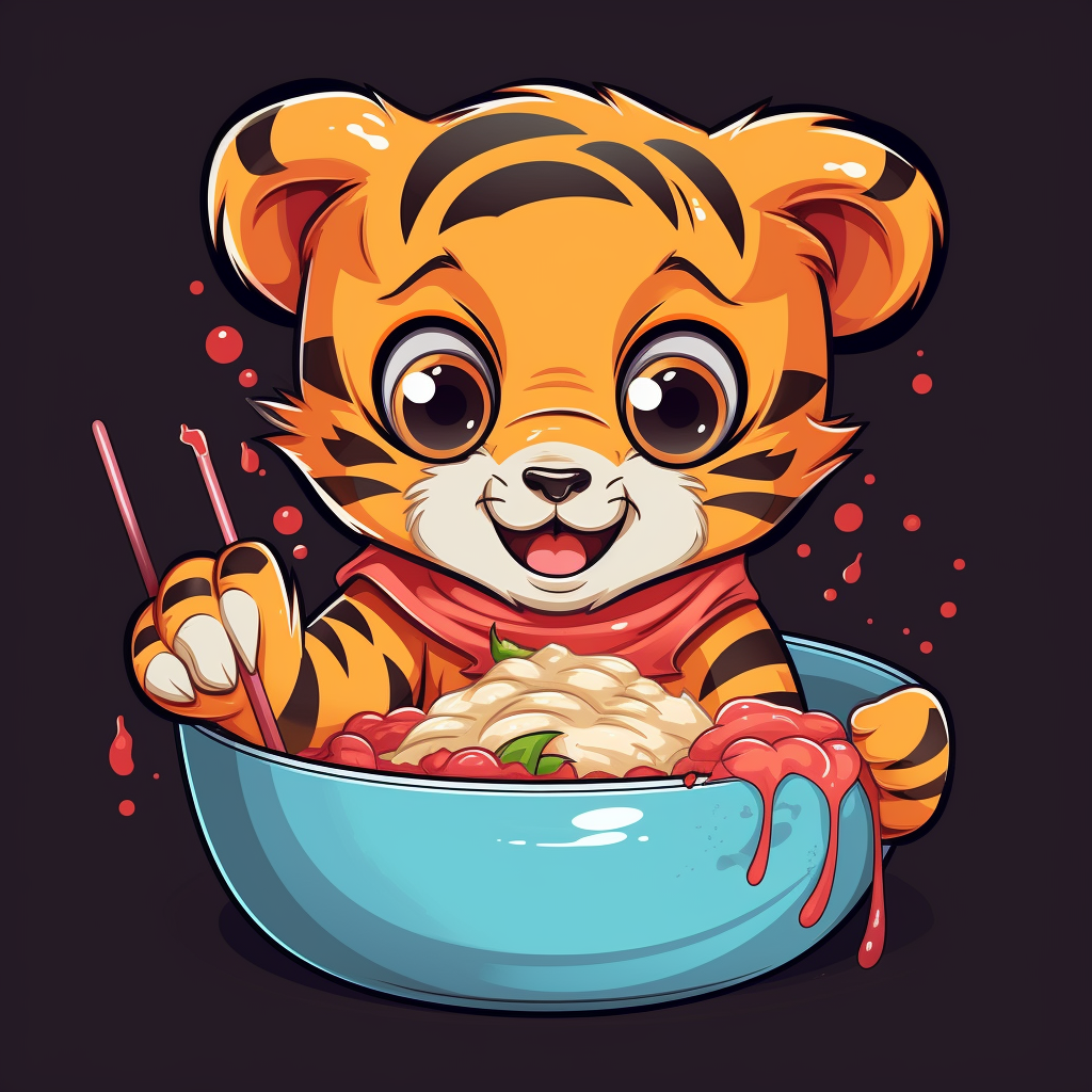 Cartoon tiger enjoying spaghetti from a bowl