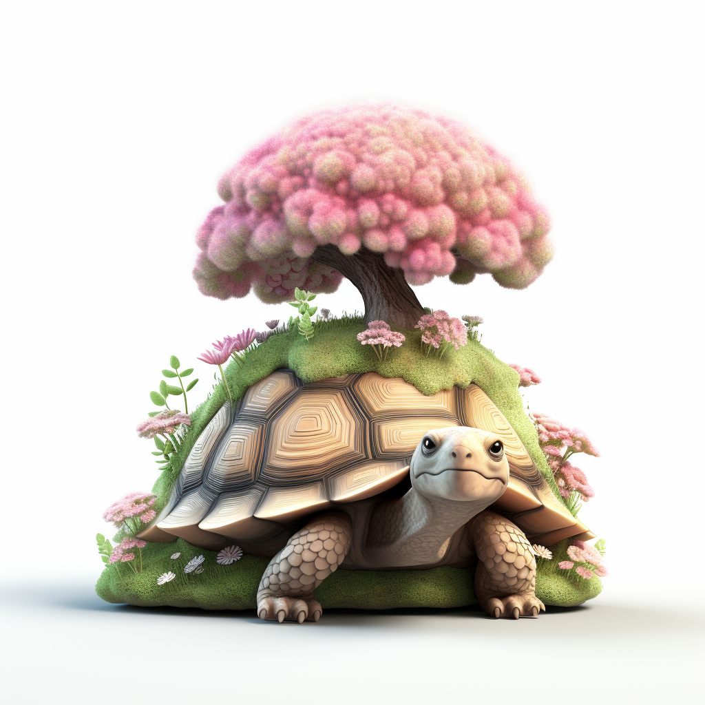 Cute tortoise with tree and moss