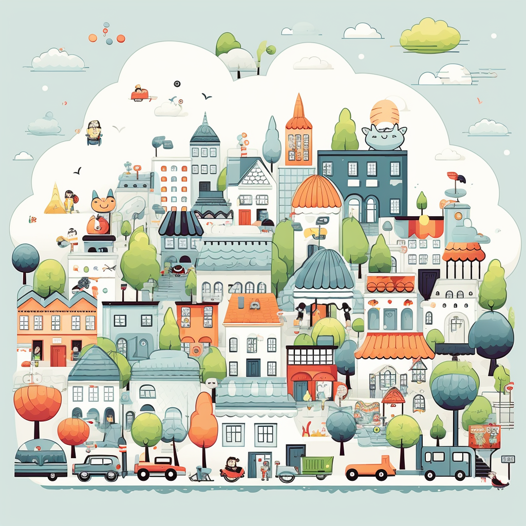 Cute town illustration in gray colors